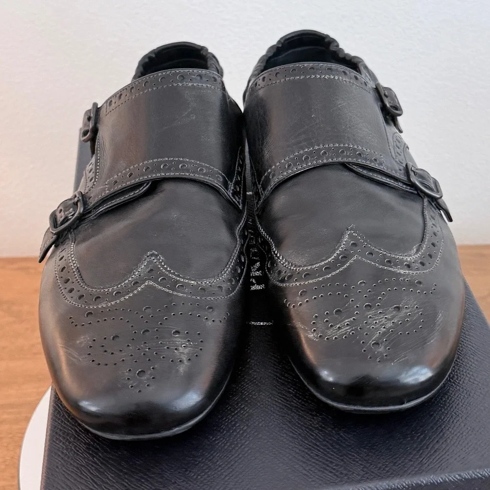 Prada 2EG469 Mens Leather Double Monk Strap Wingtip Shoes Grey Black UK 9